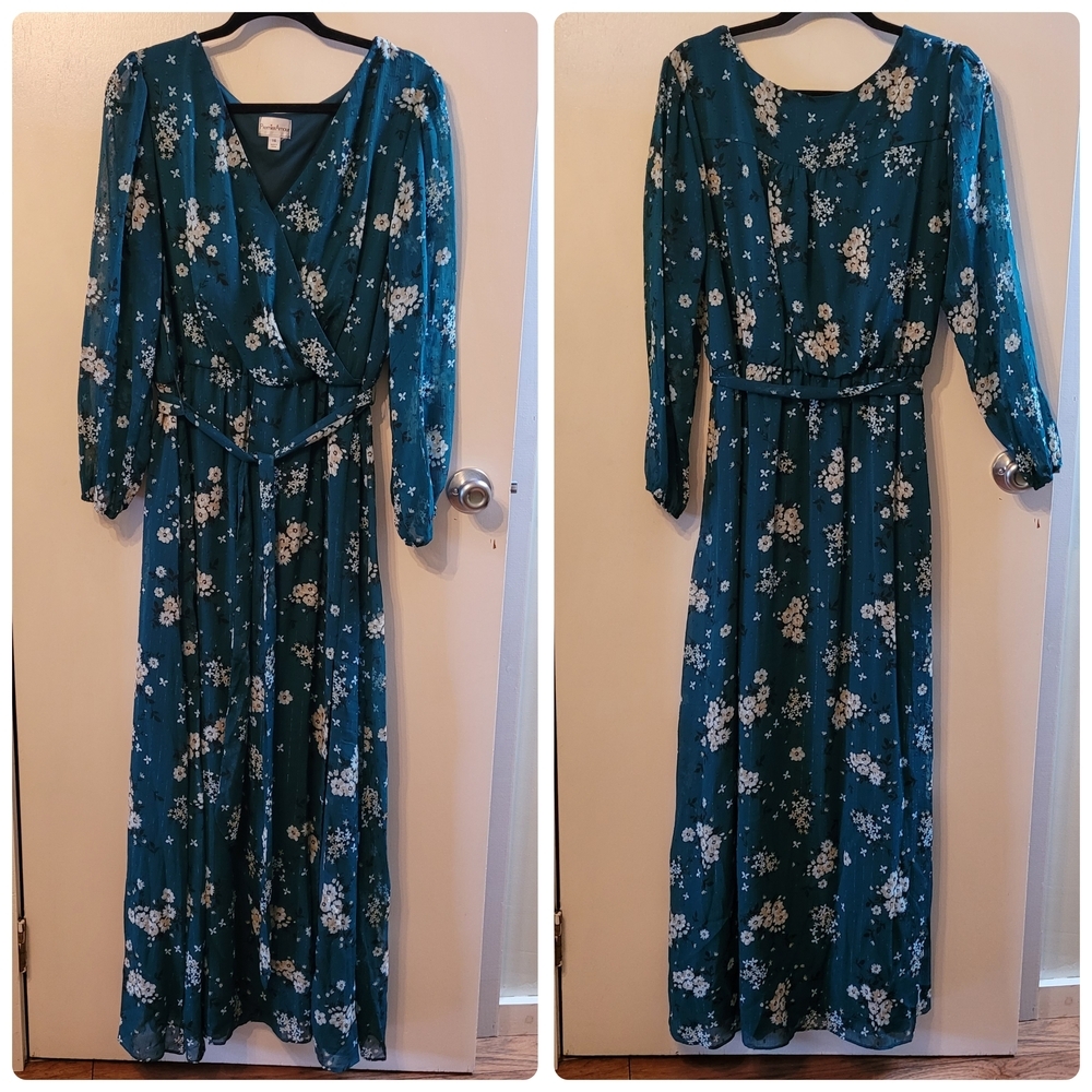 Premier Amour Emerald Green Floral Faux Wrap Maxi Dress with slit - Womens 16